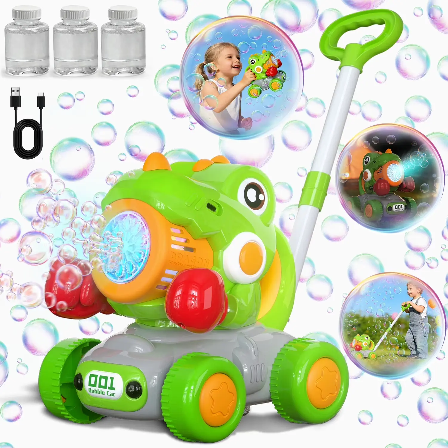 Skirfy Automatic Bubble Machine Toys for Toddlers, Push & Handheld Bubble Lawn Mower with Lights, Rechargeable Bubble Blower Toy for Kids Ages 3–6, Green