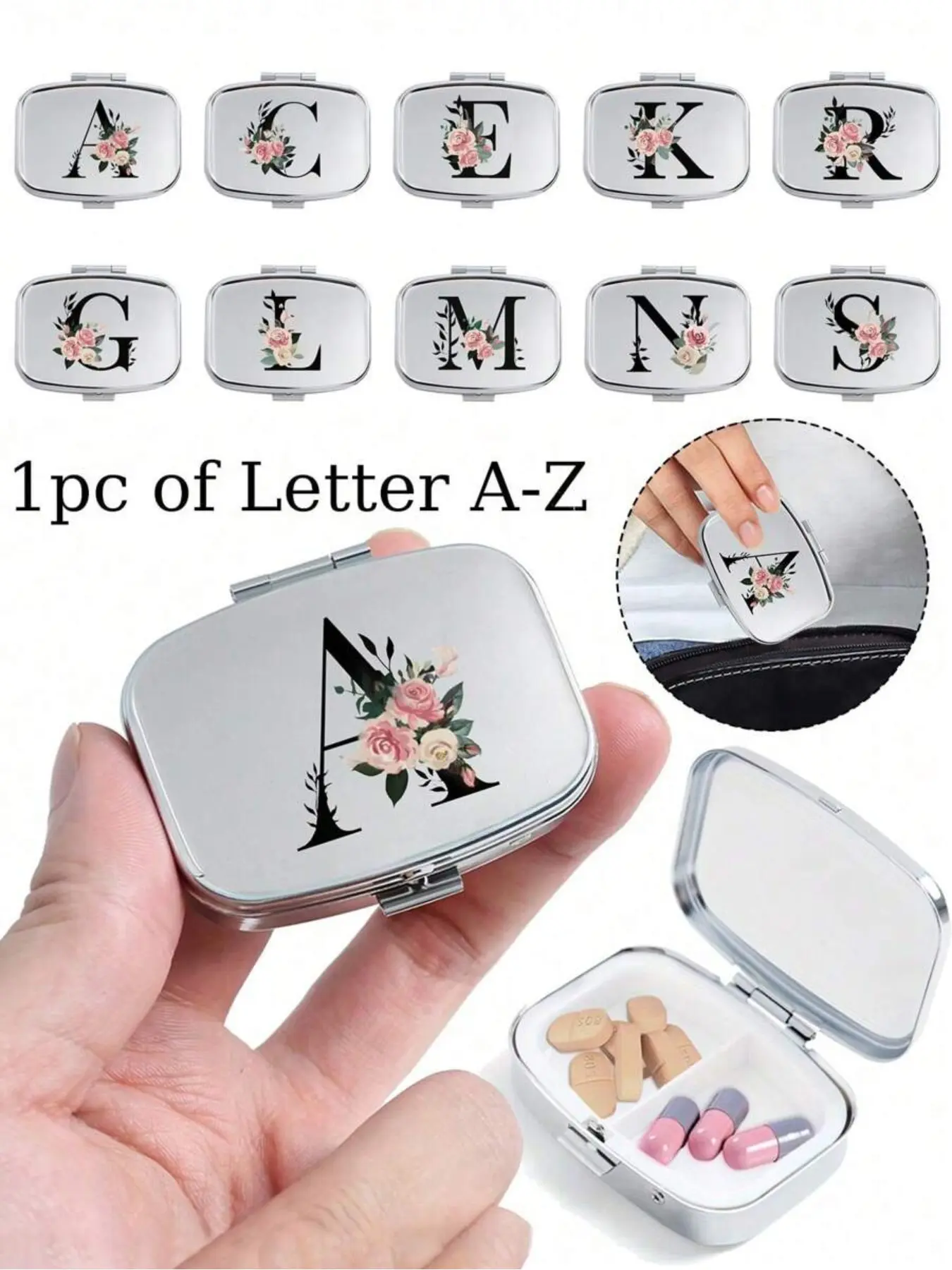 Personalized Pink Flower & Black Letter Square Pill Box, 2 Compartment Portable Pill Organizer, Supplement Organizer, Mini Metal Storage Box, Portable Vitamin Organizer, Customizable Initial Gift, for Dorm, Bathroom, Camping First Aid Kit, Medical Bag