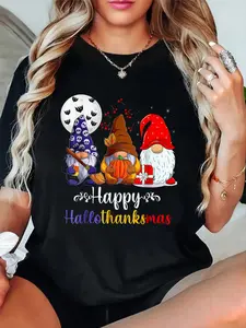 Cotton Unisex Graphic T-Shirt Halloween Thanksgiving Christmas Happy HalloThanksMas Gnomes T-Shirt Vintage Casual Shirt women's graphic tees