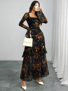 Women's Gothic Print Elegant Square Neck Longsleeves Mesh Dress, Chic Elegant Fit, Autumn Winter Fashion, Ladies' Stylish Formal Long Dress