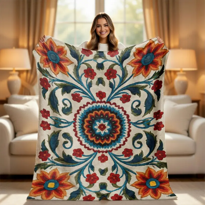 Vintage Suzani Embroidered Floral Throw Blanket - Boho Mandala, Ethnic Moroccan Decor for Couch Bed, Boho Blankets, Bohemian Style, Embroidered Ethnic, Floral Design, Unique Gift, Bohemian Style Blankets