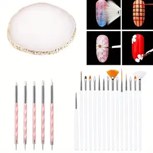 1Set Nail Art Design Tools, Including 15pcs Painting Brushes Set with 5pcs 2-way Dotting Pens & Gold-rimmed Resin Palette Used As A Nail Art Display and Shooting Props