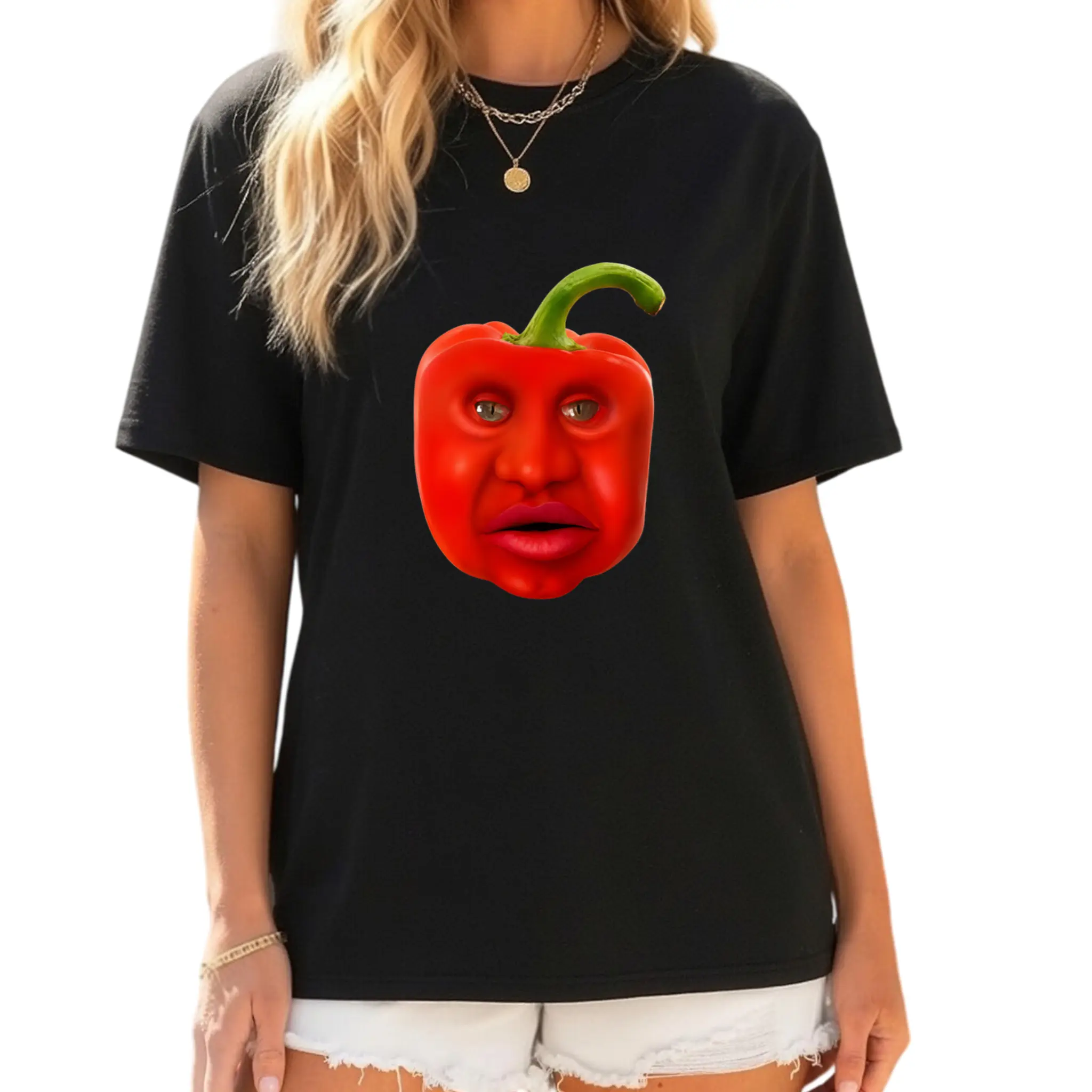 Men's Women Funny Red Pepper Meme Graphic T-Shirt, Casual Relaxed Fit Crewneck in Thick Breathable 100% Cotton Top Womenswear