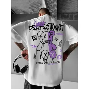 The 2025 summer new men's T-shirt with a fashionable letter bear pattern is a casual and versatile polyester men's T-shirt Menswear Top