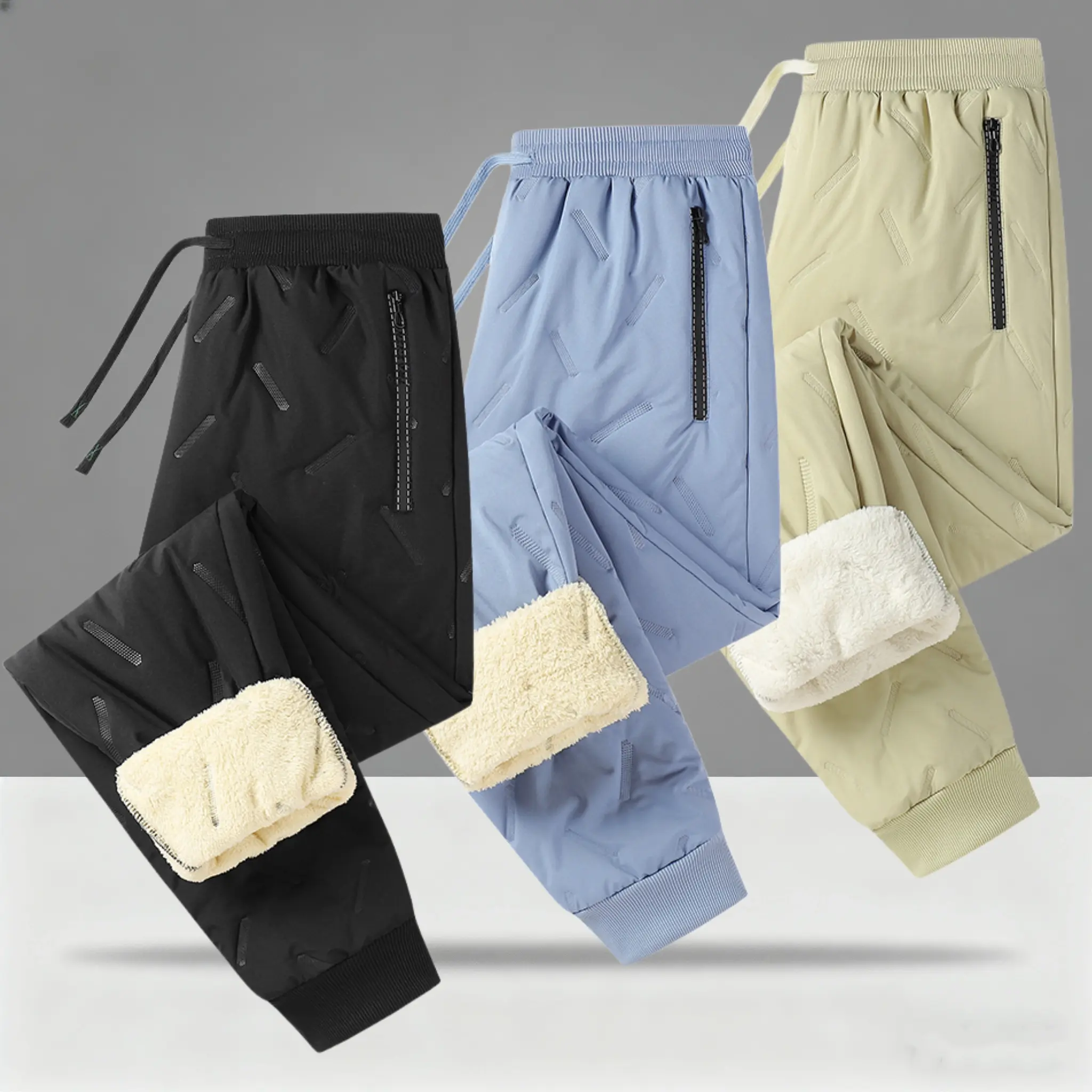 Three stripe fleece lined casual pants, comfortable and warm for autumn and winter, drawstring waistband, soft fleece lining for comfort, zippered pockets for convenient storage, suitable for autumn and winter walks around the neighborhood or simple outdo