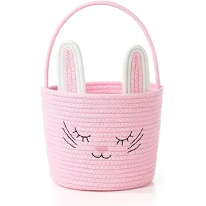 Easter Basket with Handle Woven Baby Gifts Empty Bunny Basket For Girls Boys Kids Gift Baby Shower Wedding Flower (Pink)