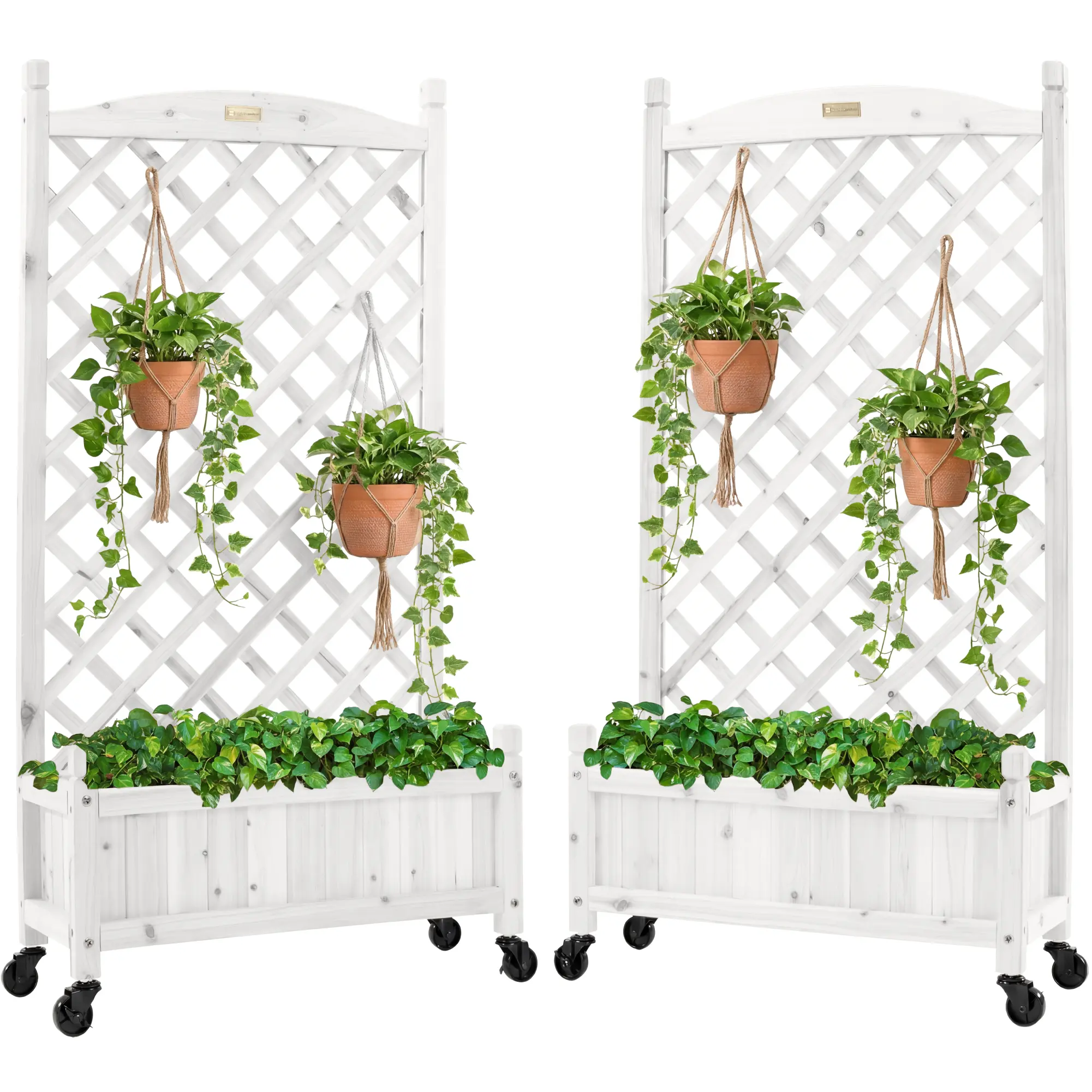 Best Choice Products Set of 2 48in Wood Planter Box & Diamond Lattice Trellis, w/ Drainage, Optional Wheels