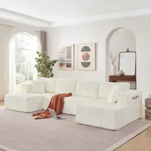 132" U Shaped Modular Sectional Sofa, Comfy Compressed Cloud Couch with Side Pockets, Modern Minimalist Corduroy Memory Foam Sleeper Sofa for Living Room, No Assembly Required,Beige