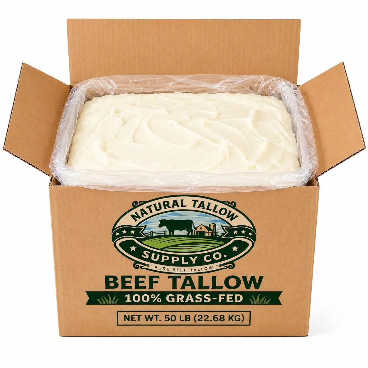 100% Grass-Fed Beef Tallow – 50 LB Bulk Box – Pure Rendered Beef Fat – Single Ingredient Tallow for Soap Making, Skincare, Balms, Candles & DIY Formulations – Bulk Supply for Makers & Businesses