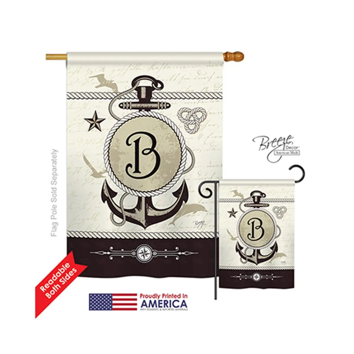 Nautical B Monogram Rectangular House Flag, 2-Sided Vertical Impression, 28 x 40 in., Original Artwork, Polyester (Home & Festive Party Backdrop Banner Supply)