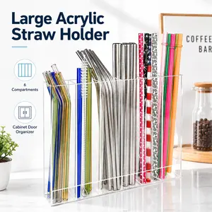 9.6" Large Acrylic Straw Holder for Cabinet Door, 6-Compartment Reusable Tumbler Straw Organizer Storage with Ultra Sticky Cupboard Door Mount, Easy to Clean Small Kitchen Accessories Container for Straws, Stir Sticks, Coffee Bar, Pantry and Drinkware Org