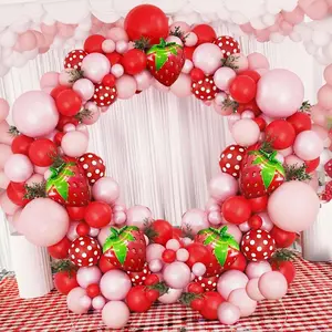 128pcs Pink and Red Strawberry Themed Balloon Wreath Arch Set with Strawberry Aluminum Foil Balloons, Suitable for Birthday Parties, Wedding Venues, Anniversary Decorations, Ball Decorations, Spring and Summer Decorations Kit Magical