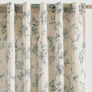 jinchan Floral Linen Curtains for Living Room 84 Inch Length Printed Toile Curtain Blue Light Filtering French Country Farmhouse Curtain Flower Patterned Drapes Bedroom Back Tab Rod Pocket 2 Panels