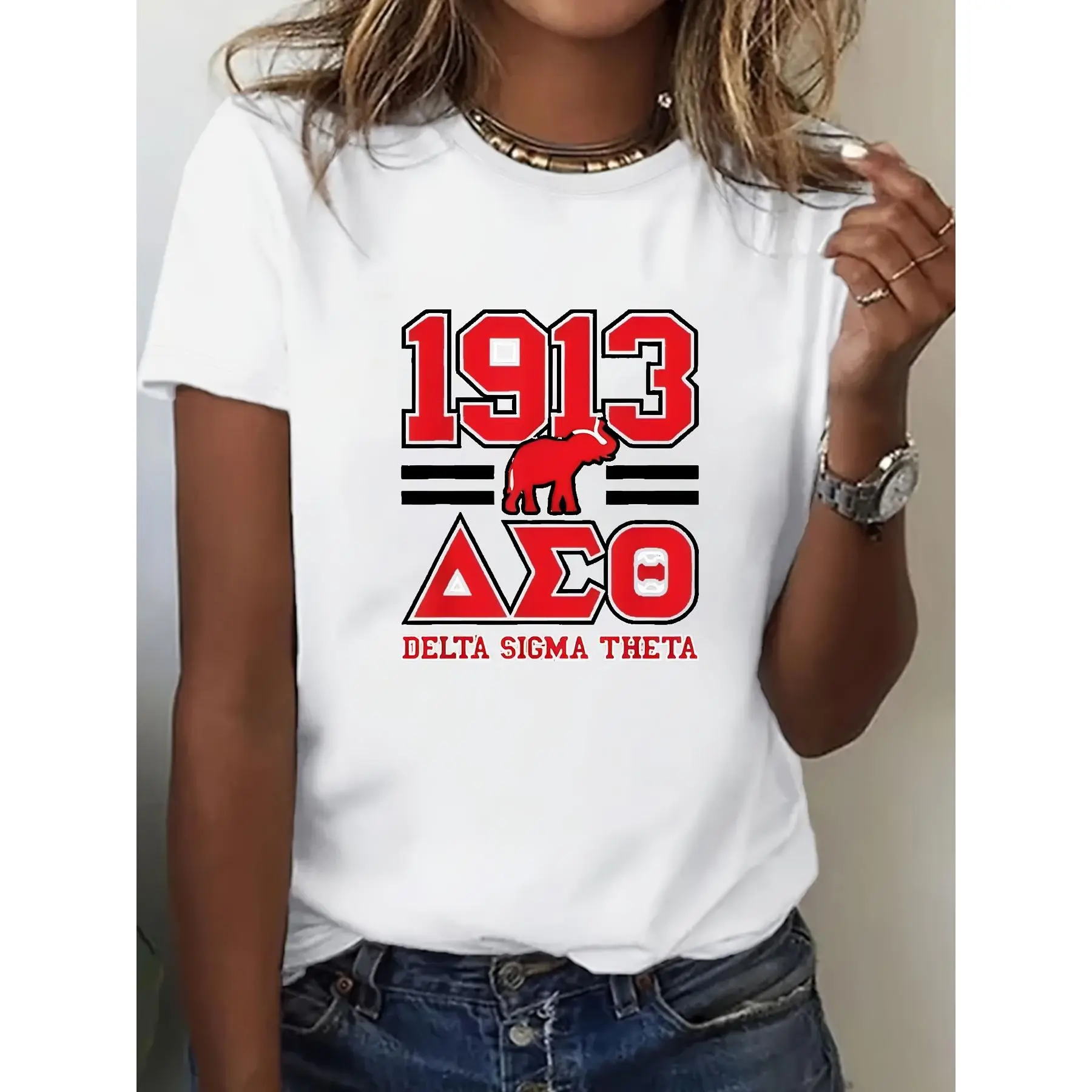Delta Sigma Theta Women's Graphic T-Shirt - White Casual Round Neck Short-Sleeve Tee with "1913" & "ΔΣΘ" Design, Comfortable Polyester Blend, Perfect Gift for Women, Ladies Tee Shirts