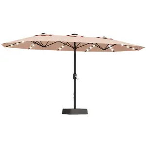 15FT double-sided rectangular terrace umbrella with solar LED lights and base - UV resistant and waterproof canopy -12 ribs, double-layer fabric, heavy-duty frame, crank - outdoor garden swimming pool deck sunshade Sturdy Metal Patio Gazebo