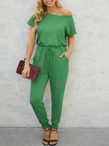 Women's Plus Size Fashion Bright Color Short Sleeve Asymmetrical Knit Fitted Jumpsuit, Long Elastic Leg Pockets, Summer Casual Date Style