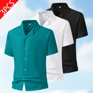 Men's 3 Pack Cuban Collar Shirts, Solid Color Button-Down Short Sleeve Tops in Teal, White & Black, Lightweight Breathable Casual & Resort Wear for Summer Vacation & Daily Wear outdoorfun  summer uptown shirt White oxford