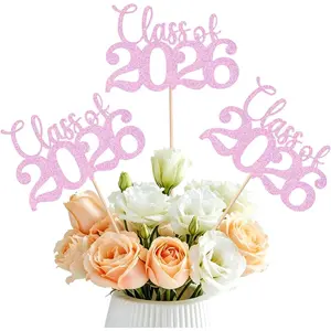 Graduation Centerpieces for Tables, 24 PCS Pink Double-Sided Glitter Class of 2026 Graduation Decorations with Sticks, Grad Party Decorations