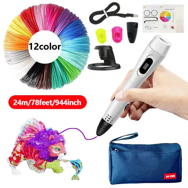 All-in-1 3D Pen Starter Kit for Beginners, Includes 12-Color Refill Filaments, Template Book, USB Cable & User Manual, Easy-to-Use 3D Printing Supply for Office & Hobby Use