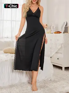 Women's Solid V Neck Lace Trim Cami Nightdress, Soft Comfortable Nightgown for Women, Women's Sleepwear for All Seasons