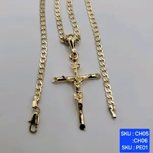Christ on the Cross Necklace  Chain Cuban Link Diamont cut 24 & 18 Inches 4mm Wide Plated Gold Plain Color Religious Jewelry Oro Laminado Laminated Gold Elegant Design SKU : CH05, CH06, PE01