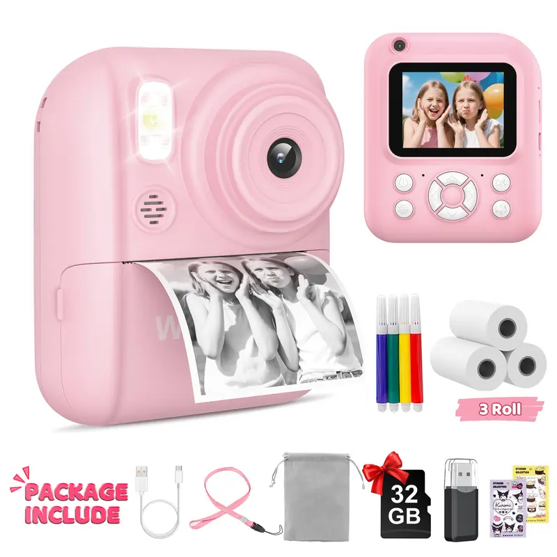 Kids Camera Instant Print, 1080P Selfie Digital Camera for Kids, Portable Toddler Toy, Kids Polaroid Instant Camera with 3 Rolls of Paper, Christmas Birthday Gifts for 3-12 Year Old Girls Boys