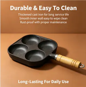 4‑Hole Cast Iron Skillet, Non‑Coating Breakfast Frying Pan with Wooden Heat‑Resistant Handle, Multipurpose Egg Pancake Burger Pan, Compatible with All Stoves, for Family Daily Cooking