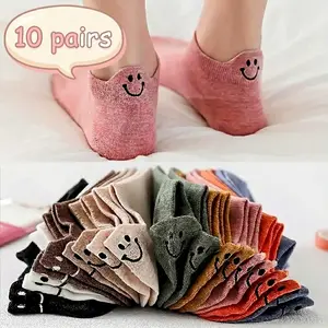 Women's Cotton Ankle Socks (10-Pairs) - Breathable Ruffled Edge with Cute Smile Embroidery - Pastel Aesthetic