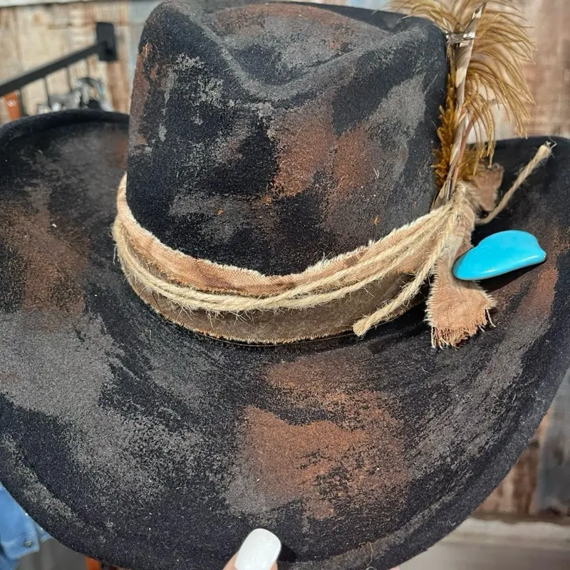 Rustic Distressed Black Western Fedora Hat with Turquoise Heart Accent – Handmade Boho Cowgirl Hat