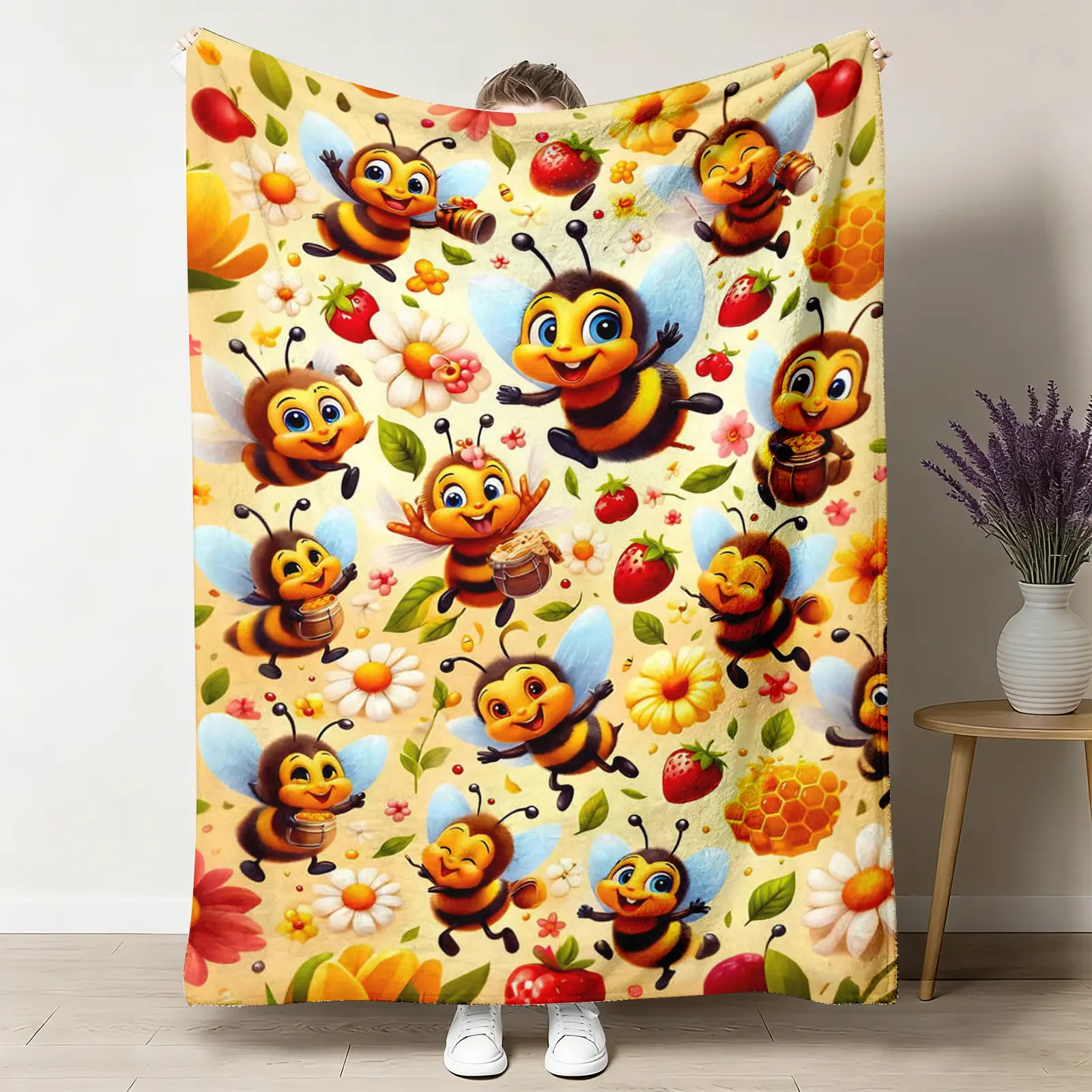 Cartoon Bee Flannel Throw Blanket - Wrinkle Resistant, Fast-Drying, Lightweight to Pack, Yellow Honey Daisy Garden Design, Multi-Size (30x40in Baby, 60x50in Teen, 80x60in Adult), Soft Cozy Warm, Home & Garden Scene Decor, Kids Nursery Gift, Breathable