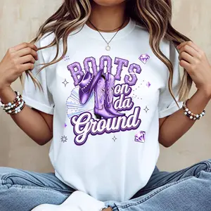 Boots On Da Ground Purple Cowboy Boots And Fan Graphic Print T Shirt  Casual Short Sleeve Top For Women Perfect For Leisure And Sports Activities