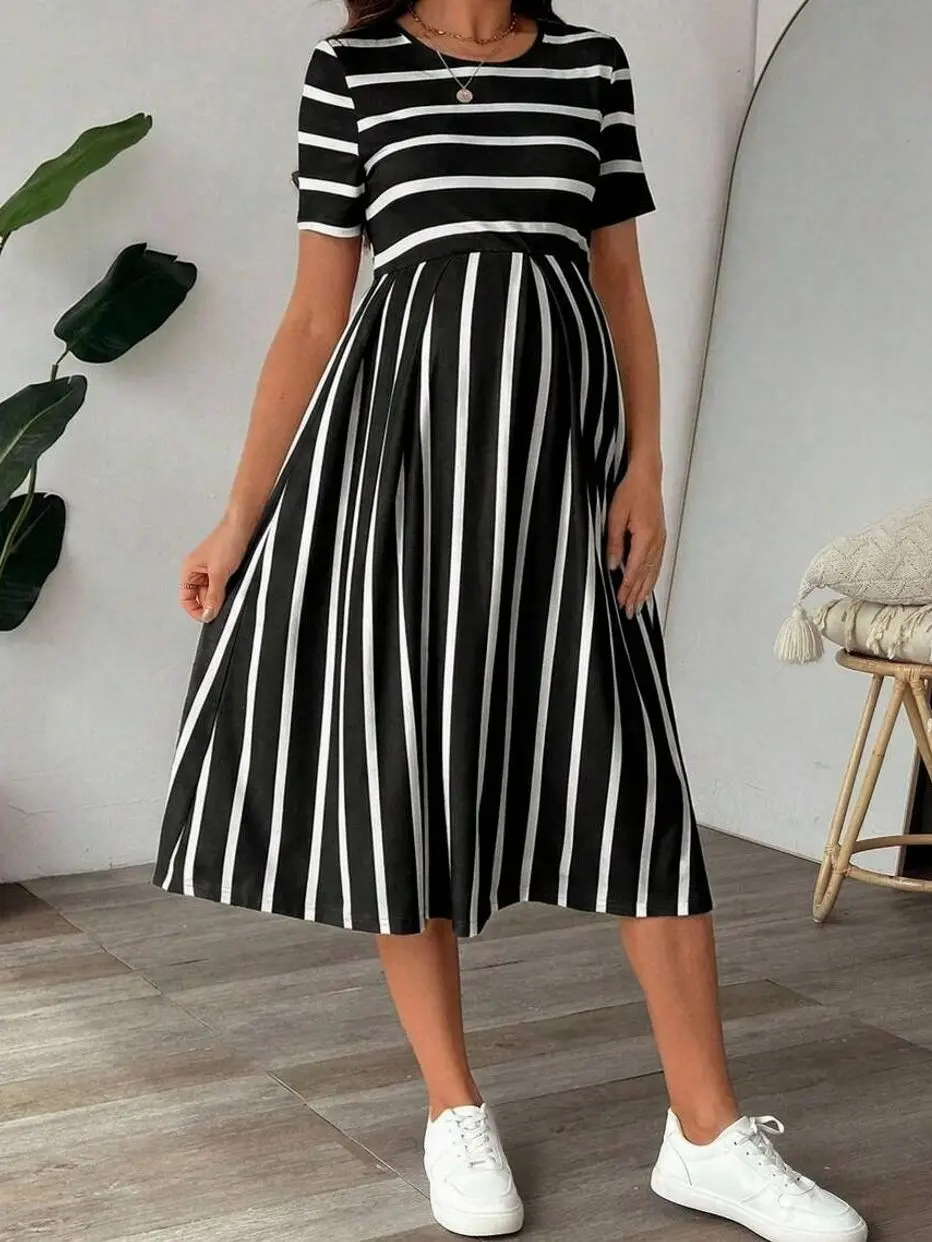 Maternity Summer Casual Striped Short Sleeve Dress Beach Vacation Dress Women