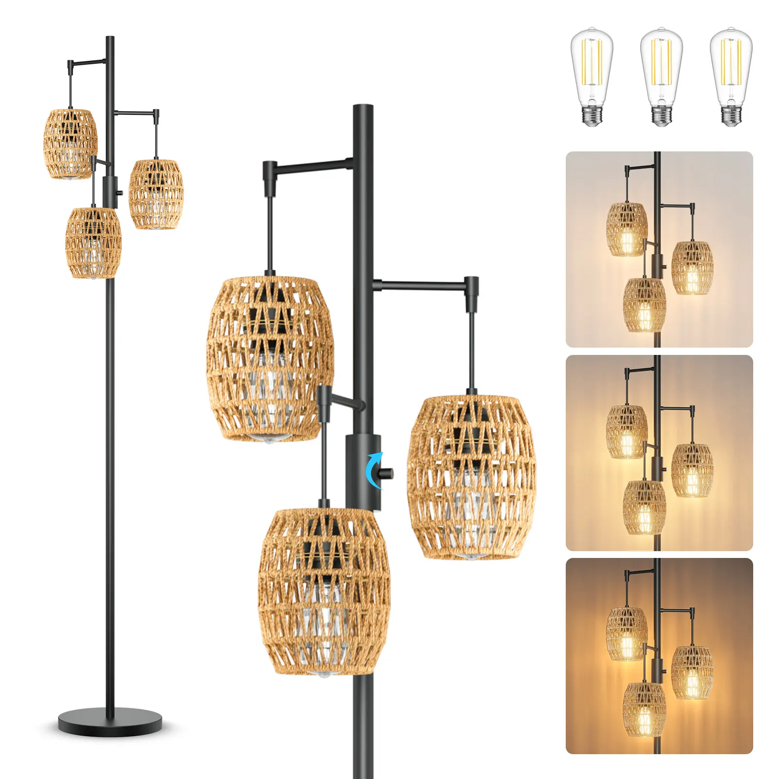 DEMILARE Ethereal Boho Coastal Rattan Floor Lamp - 70in Dimmable Warm White 3-Light, Adjustable Lighting Modes, LED Bulb Light with Shades for Bedrooms, Living Rooms, Lighting Modes Adjustable, Three-Light Set,home makeover,back to school shopping