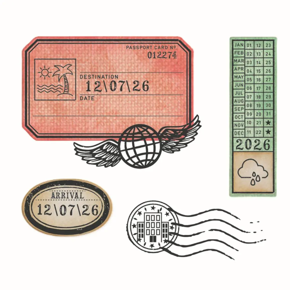 Sizzix Clear Stamps Set 62PK w/4PK Framelits Dies - Globetrotter’s Mark by 49 and Market