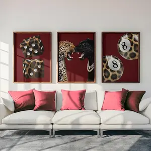 Burgundy Leopard and Jaguar Prints Set of 3 Wall Art Leopard Print Trendy Wall Art Gallery Preppy Bill Pool 8 Home Decor Dice Lucky Posters
