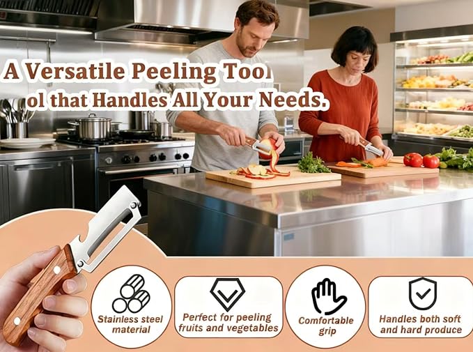 2026 New Multi-Functional Vegetable Peeler, Stainless Steel Fruit Peeler with Wooden Handle & Bottle Opener, 2PCS Kitchen Gadget for Potato Pumpkin Carrot, Ideal Gifts for Mom