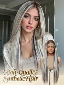 30" Long Straight 13x4 HD Lace Front Wig | Highlighted Brown & Silver Synthetic Hair | Heat Resistant, Versatile Styling | Natural & Soft | Comfortable for All-Day Wear | Trendy for Women | Lace Glueless Wig