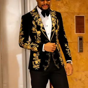 Men's Black Velvet Blazer with Gold Embroidery - Royal Style Slim Fit Suit Jacket for Wedding/Gala/Formal Events