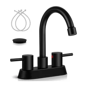 Black Bathroom Faucet 2 Handle Bathroom Sink Faucet 4 inch Centerset Bathroom Faucets 3 Holes Lavatory Faucet with Lift Rod Drain Stopper Vanity Faucet Lead-Free Basin Mixer Tap Matte Black