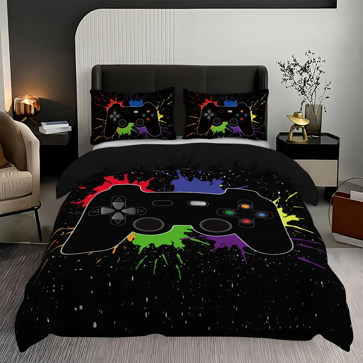 Game Controller Pattern Bedding Set, 3 Counts/set Including 1 Count Duvet Cover & 2 Counts Pillowcase without Filler, Soft Comfortable Bedding Set for