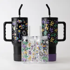Mardi Gras 16oz and 40oz Glass Tumbler with Lid and Plastic Straws