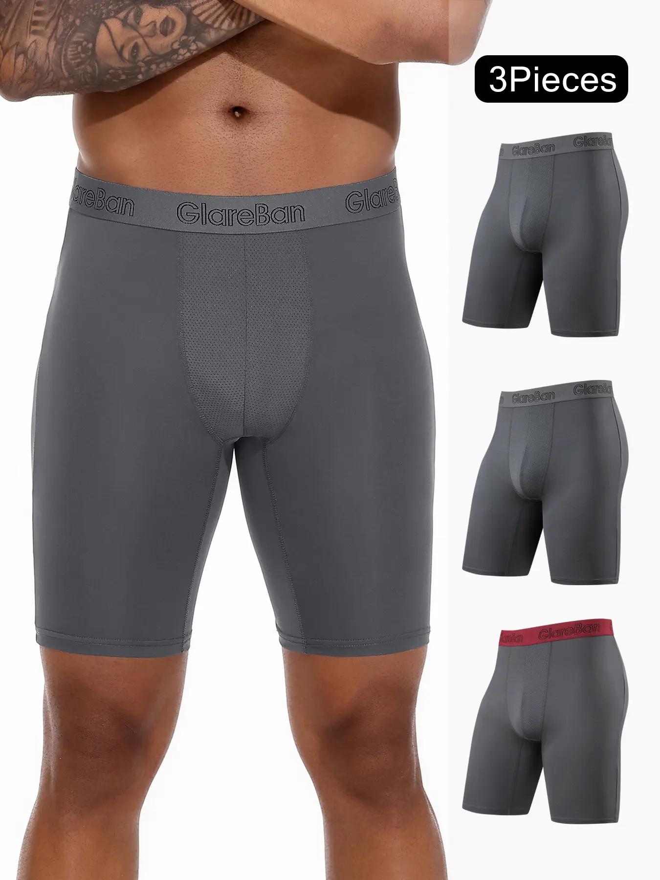 3Pieces Men's Underwear Featherweight Performance Boxer Briefs Long Leg Boxers Sports Training Underwear Quick-Dry Shorts Mesh Underwear Breathable Male Underpants Workout Underwear, Workout Innerwear, Lightweight Sports Underwear