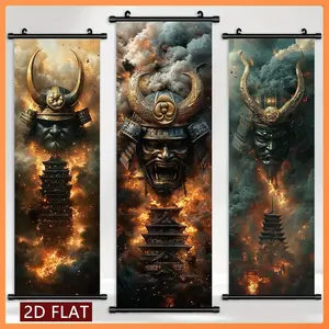 3-Piece Dark Retro Samurai Scroll Paintings, HD Print Plastic Hanging Canvas Art, Ideal for Game Room, Trendy Play Enthusiasts and Wall Decor