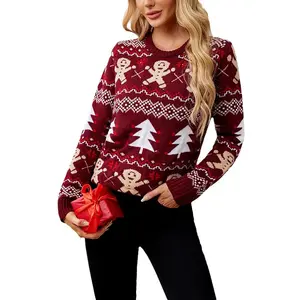 Women's Christmas Sweater Gingerbread Man Jacquard Knit Pullover Long Sleeve Casual Holiday Top Red Crewneck Knitwear Knitwear Womenswear Knitting
