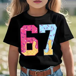 Kids' Cute Cotton Knitting Short Sleeve Tops - 67 Number Ice Cream Drip Meme Graphic, Round Neck, Fitted Cut, Gen Alpha 6&7 Slang Design, Sprinkle Print, Street Style All-Season Casual Top for 4y-5y Boys