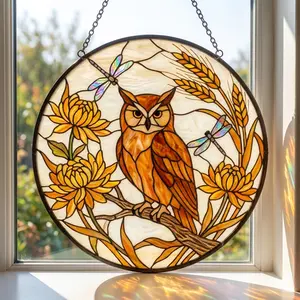 Window decorations featuring owls, daisies, and imitation wheat stalks in stained glass, golden owls, and light-reflecting ornaments for nature lovers.