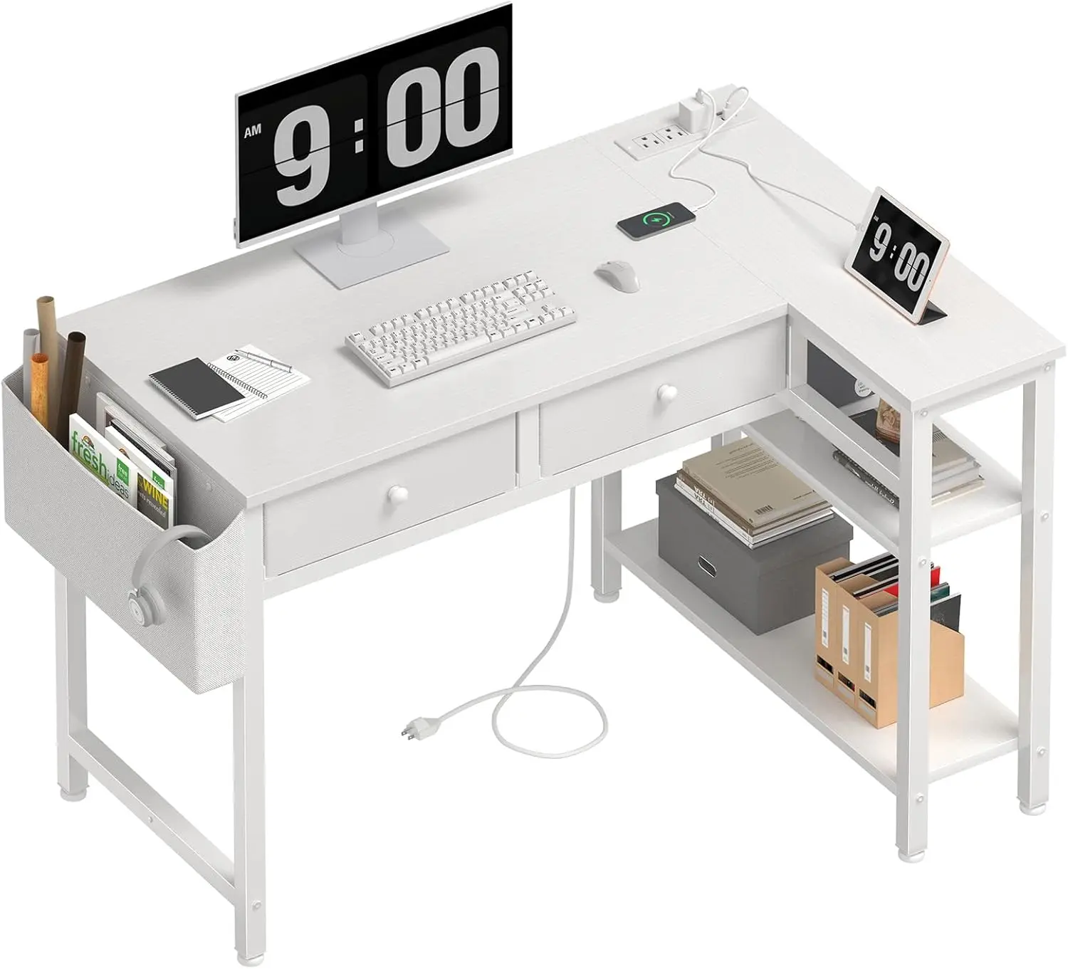 Small White L Shaped Desk with Drawers & Storage Shelves, 40 Inch Corner Desk with Power Outlet for Small Space  Office, Study Work PC Desks for Bedroom
