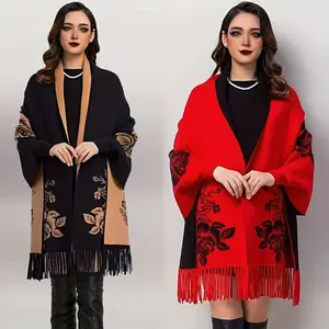 Elegant Double-Sided Knit Shawl - Stretchy Long Sleeve Wrap for Women, Black & Beige/Red Floral Design, Cozy Autumn & Winter Accessory, Hand Wash or Dry Clean