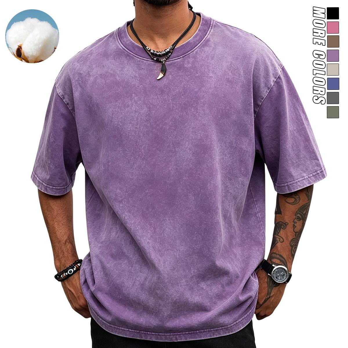 Men’s 4-piece pure cotton crew neck vintage washed T-shirt set — soft, loose T-shirts suitable for casual everyday wear; classic crew neck design.