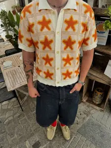 Vintage Sweet Cool Star Print Checkered Polo Neck Short Sleeve Knit Cardigan, Block Hollow Out Casual Loose Top, Ideal Gift